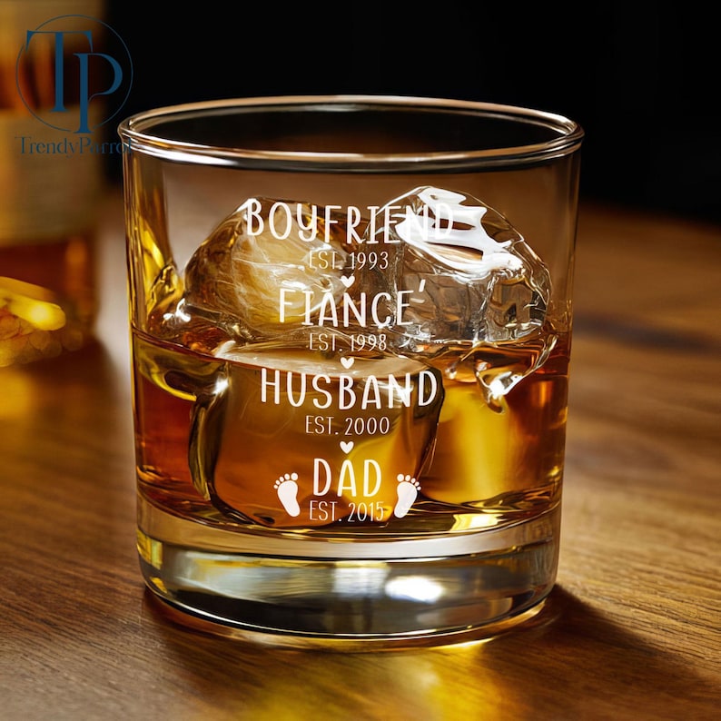 May include: A clear glass tumbler with the words "Boyfriend Est. 1993", "Fiance Est. 1998", "Husband Est. 2000", and "Dad Est. 2015" etched on the side. The glass is filled with amber liquid and ice cubes.