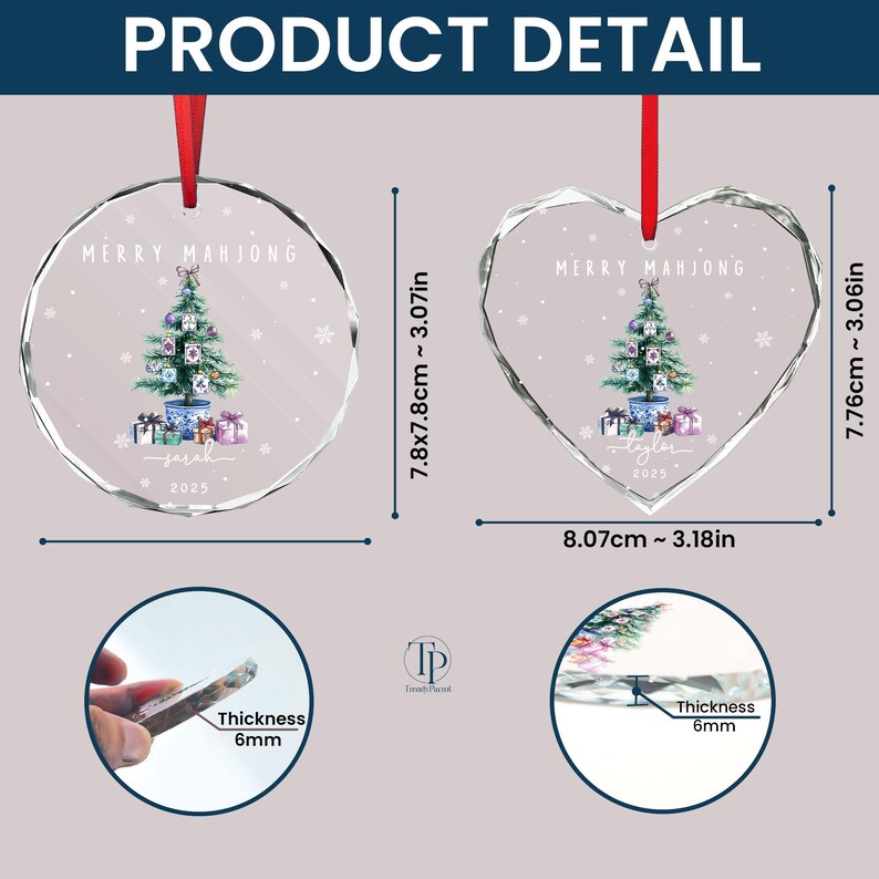 May include: Clear glass Christmas ornaments, one round and one heart-shaped, with a red ribbon. Each features a Christmas tree with Mahjong tiles, gifts, and the text "MERRY MAHJONG" and a name and year. The round ornament is 3.07 inches in diameter, and the heart is 3.18 inches wide.