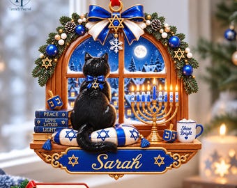 Hanukkah Black Cat 3D Relief Acrylic Ornament, Happy Hanukkah Ornament, Cat Hanukkah Ornament, Jewish Holiday Gift, Jewish Pet Lover Gift