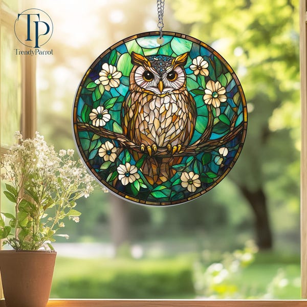 Owl Bird Acrylic Suncatcher Hanging Sign, Window Hanging Decor, Stained Glass Bird Home Decor, Bird Lover Gift, Owl Lover Gift, Owl Decor