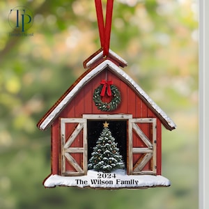 Personalized Red Barn Wood Ornament, Farmhouse Christmas Barn Ornament, 2024 Farm Ornament, Family Name Ornament, Custom Christmas Ornaments