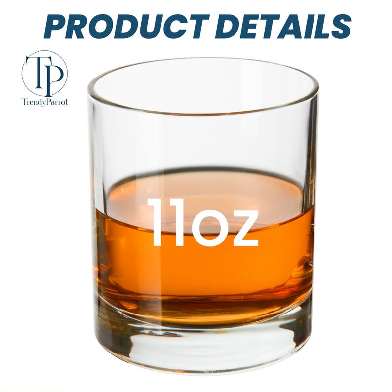May include: A clear, cylindrical glass filled with amber liquid, labeled "11oz" in white. The glass is set against a white background, with the text "PRODUCT DETAILS" in blue at the top and a logo in the upper left corner.