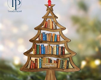 2 Layer Wood Book Tree Christmas Ornament, Book Lover Gift, Book Club Ornament, Reading Gift For Book Lovers, Christmas Book Tree Ornament