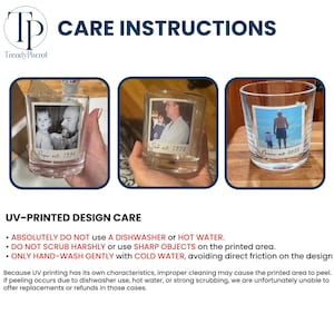 May include: Clear glass tumblers with personalized photo prints. One features a photo with the text "Papa est. 1994", another with "Dad est. 1998", and the last with "New me 2022". The image also includes care instructions for UV-printed designs.