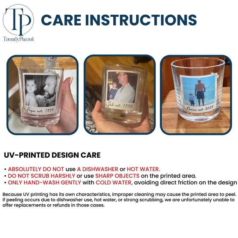 May include: Clear glass tumblers with personalized photo prints. One features a photo with the text "Papa est. 1994", another with "Dad est. 1998", and the last with "New me 2022". The image also includes care instructions for UV-printed designs.