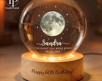 The Day You Were Born Custom Moon Phase by Date, 60th Birthday Gift, Personalized Crystal Ball LED Night Light, Born in 1966 Women Gifts