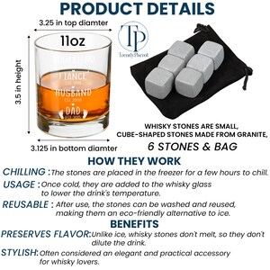May include: Set of six gray granite whiskey stones in a black velvet bag. The stones are small and cube-shaped. The stones are used to chill drinks without diluting them. The stones are reusable and eco-friendly. The set also includes a 11oz whiskey glass with the text "Boyfriend, Fiance, Husband, Dad" and the corresponding years.