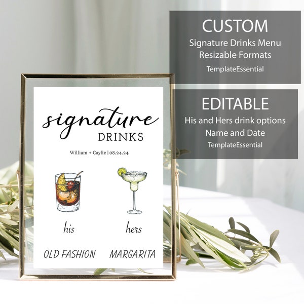 CUSTOM Minimalist Signature Drink Signage | His and Hers | INSTANT DOWNLOAD