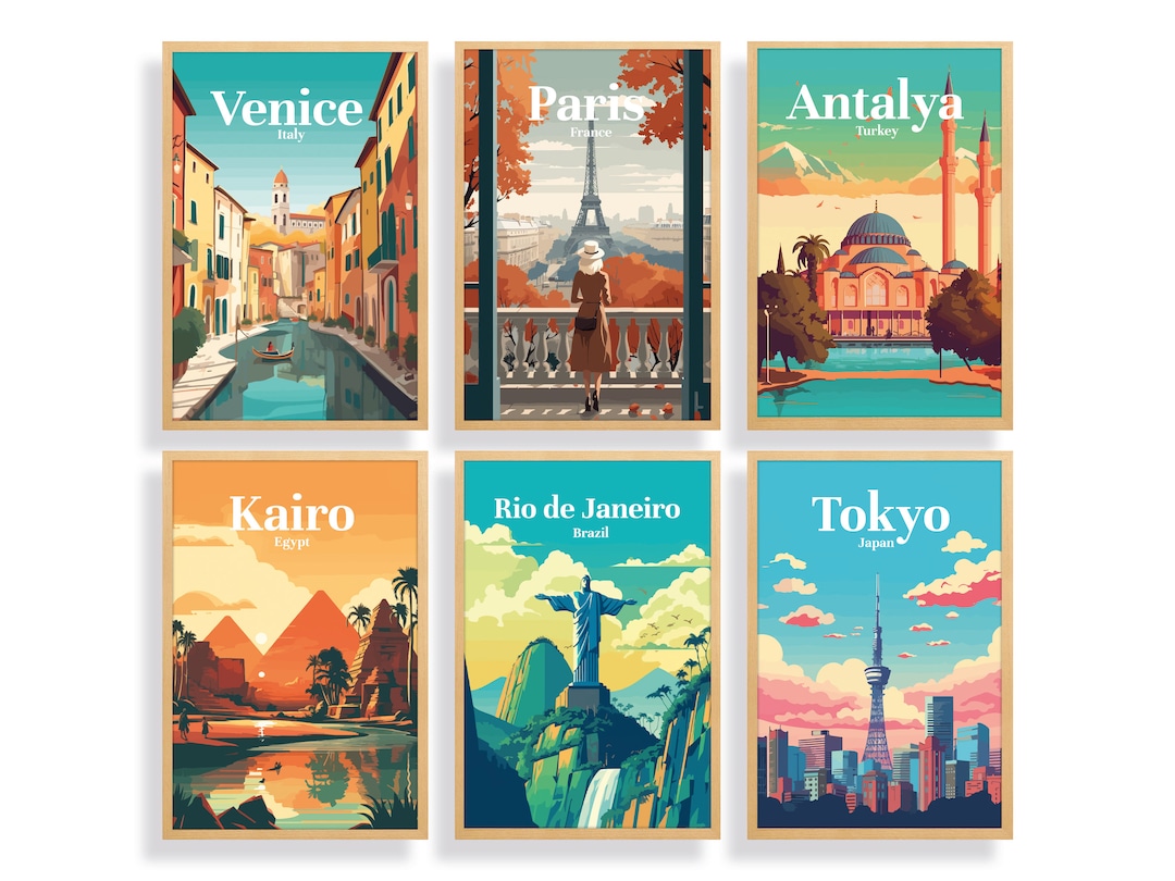 Set of 6 Vintage City Posters, Retro Gallery Set, Travel Wall Collage, Destination Prints, Retro