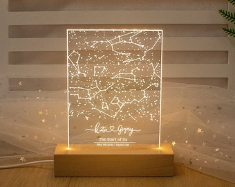 Carte d’étoiles personnalisée par date veilleuse, lampe de bureau LED carte d’étoiles, carte de constellation personnalisée, ciel nocturne par date, cadeau de couples, cadeau pour lui et elle
