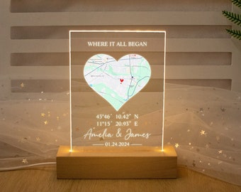 Lumière LED acrylique de carte de premier rendez-vous personnalisée, là où tout a commencé, cadeau personnalisé de la Saint-Valentin, où nous avons rencontré la carte pour la première fois, lumière cadeau pour couples