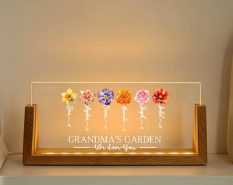 Custom Grandma's Garden Birth Month Flowers Night Light, Acrylic LED Light, Mother Lamp, Grandma Gift from Grandkids, Mother's Day Gift