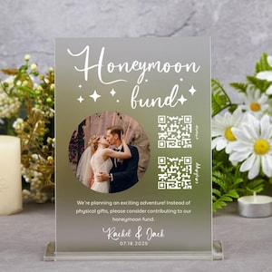 Znak z kodem QR na fundusz miesiąca miodowego, niestandardowy znak funduszu miesiąca miodowego ze zdjęciem, nowoczesny ślub, znak na prezent pieniężny, prezent pieniężny na ślub