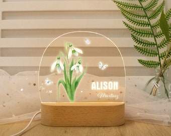 Lumière de nuit personnalisée de fleur de mois de naissance, cadeau d’anniversaire de lumière de Boho LED, lampe de nom personnalisée, décor de maison de fleur, cadeau pour bébé