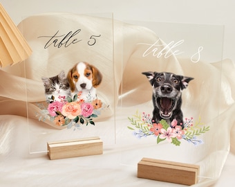 Numeri di tavolo con il tuo animale domestico, numeri di tavolo personalizzati, decorazioni da tavola moderne, segno di nozze per gli amanti dei cani, matrimonio di mamma cane