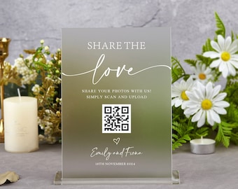 Comparta el signo del código QR del amor, el signo del código QR de la boda, el signo de la boda minimalista personalizado, la decoración de la boda moderna y elegante