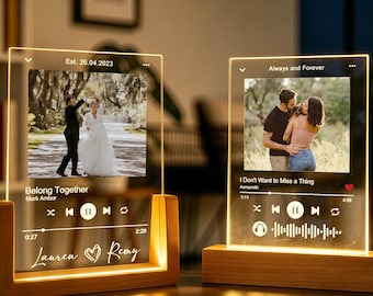 May include: Two rectangular acrylic plaques with warm LED wooden bases. The left plaque displays a wedding photo, the text "Belong Together," "Mark Ambor," and "Lauren & Remy." The right plaque shows a couple, "Always and Forever," and "I Don't Want to Miss a Thing" by Aerosmith.