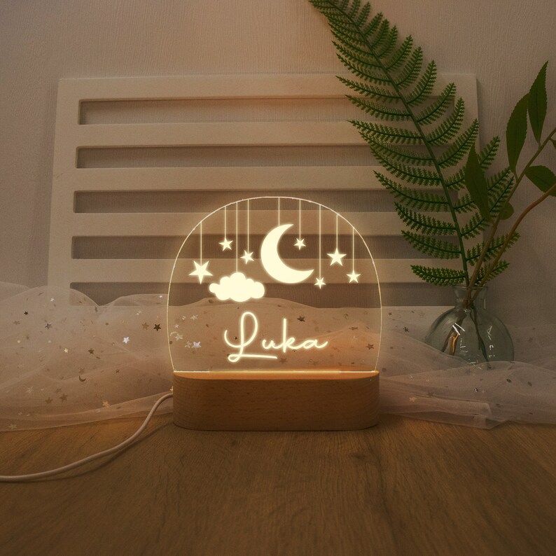Custom Moon and Star Nightlight ,Personalized Clouds Night light With Name, Baby Bedroom Night Light, Newborn Gift, Mom Gifts, Nursery Decor image 2