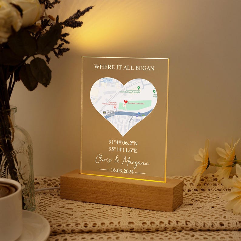 Custom First Date Map Acrylic LED Light, Where It All Began, Personalized Valentine's Day Gift, Where We First Met Map, Couples Gift Light image 9