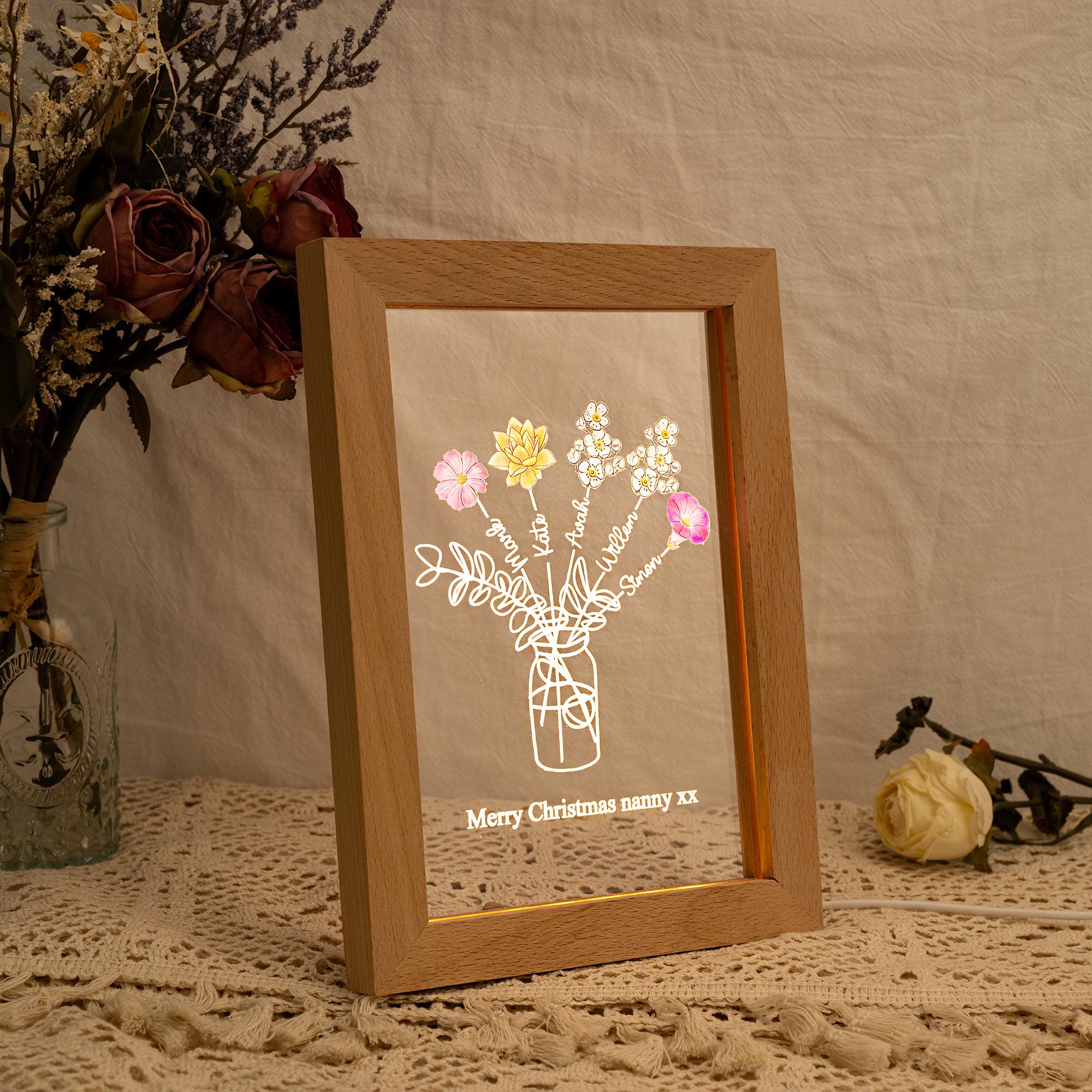 Personalized Birth Flowers Family Bouquet Mum, Bunch Night Light, Gift for Mom From Daughter, Home Art Decor Keepsake, Christmas Gift for Mom