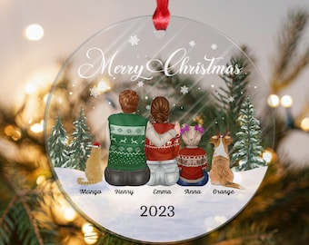 Custom Family Ornament With Pets, Christmas Ornament, Personalized Pet Lover Gifts For Couple, Family Portrait Dog Cat Mom Dad Gift