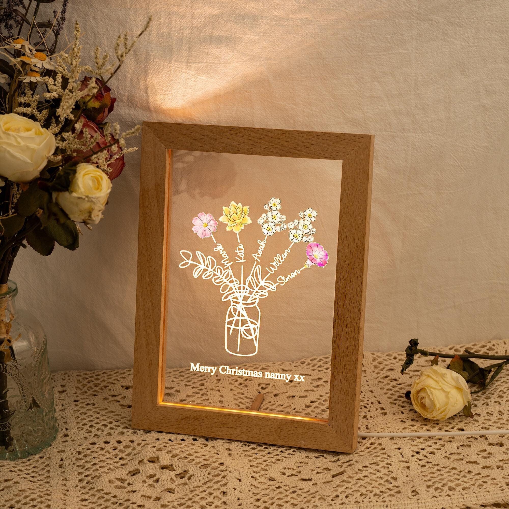 Personalized Birth Flowers Family Bouquet Mum, Bunch Night Light, Gift for Mom From Daughter, Home Art Decor Keepsake, Christmas Gift for Mom