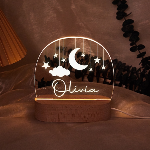 Veilleuse personnalisée de lune et d’étoile, veilleuse personnalisée de nuages avec le nom, lampe de pépinière, veilleuse de chambre de bébé, cadeau de nouveau-né, cadeau de maman