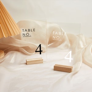 Può includere: Due cartelli numerati per tavolo in acrilico trasparente con base in legno. I cartelli hanno testo in bianco e nero che recita "Table No. 4".