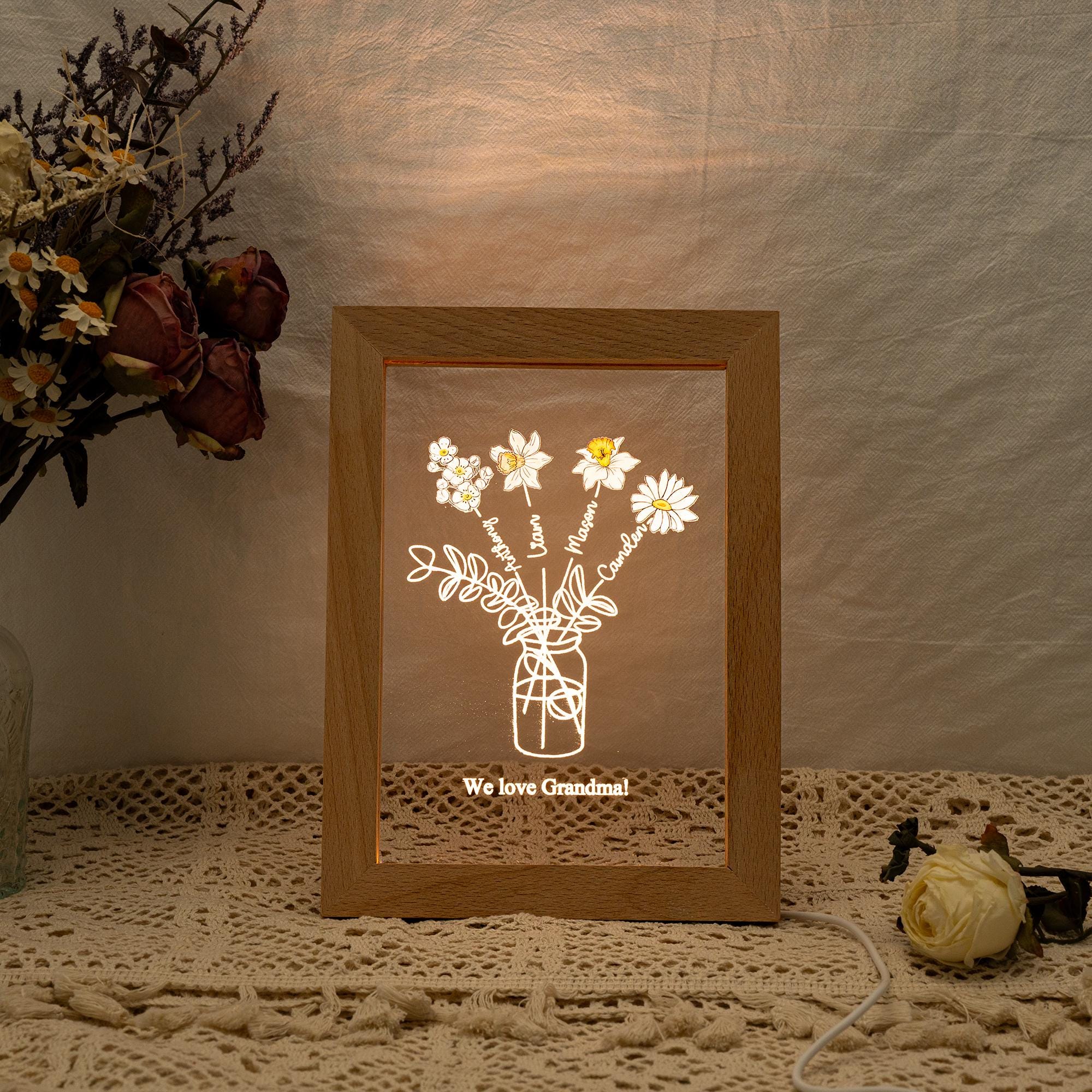Personalized Birth Flowers Family Bouquet Mum, Bunch Night Light, Gift for Mom From Daughter, Home Art Decor Keepsake, Christmas Gift for Mom