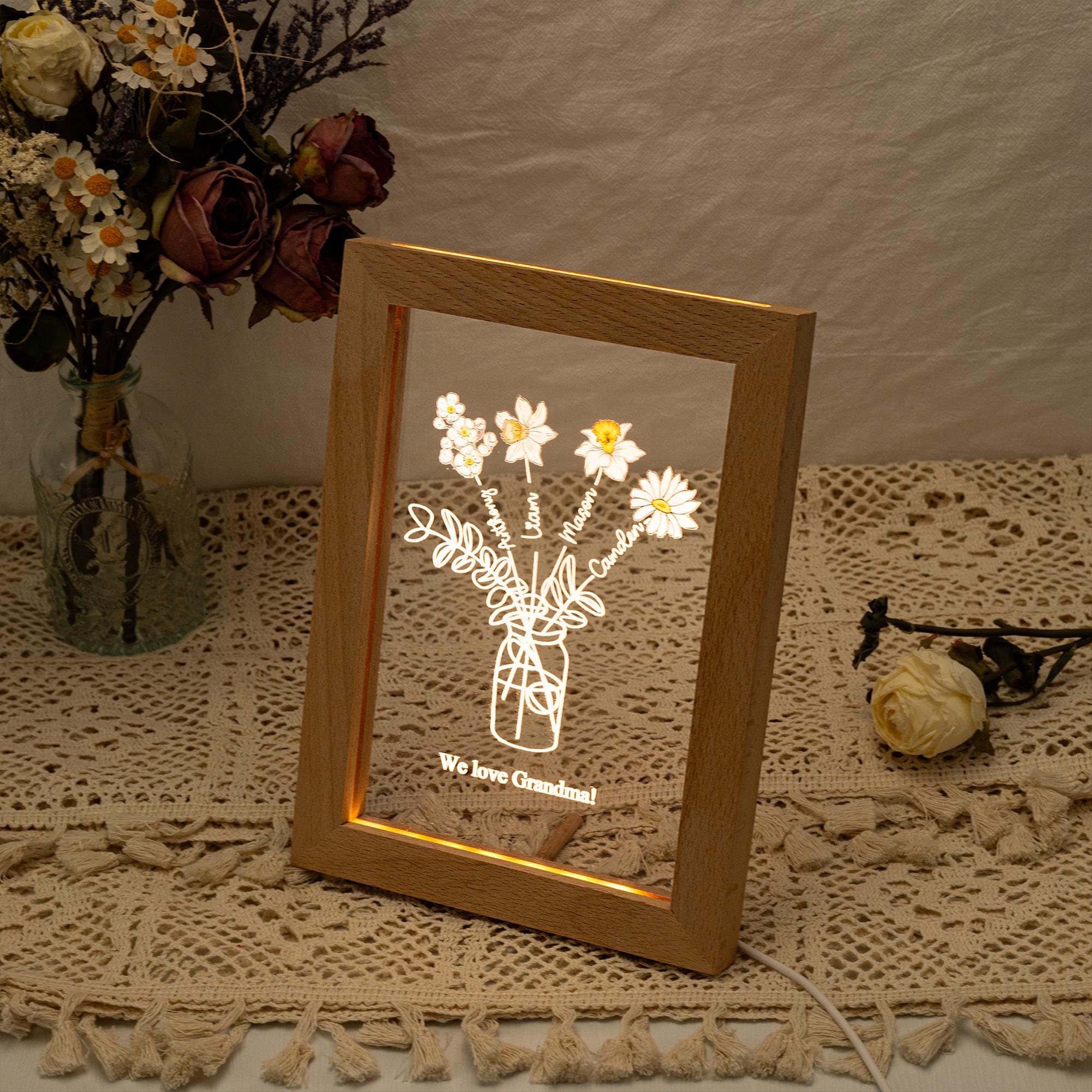 Personalized Birth Flowers Family Bouquet Mum, Bunch Night Light, Gift for Mom From Daughter, Home Art Decor Keepsake, Christmas Gift for Mom