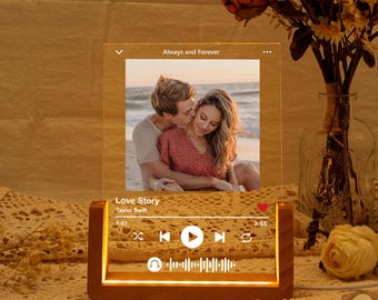 Placa LED con canción personalizada con soporte, luz nocturna musical personalizada, marco de fotos con impresiones musicales personalizadas, regalo para él, novio o mejor amigo.