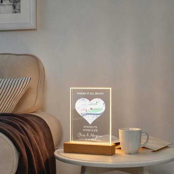 Custom First Date Map Acrylic LED Light, Where It All Began, Personalized Valentine's Day Gift, Where We First Met Map, Couples Gift Light