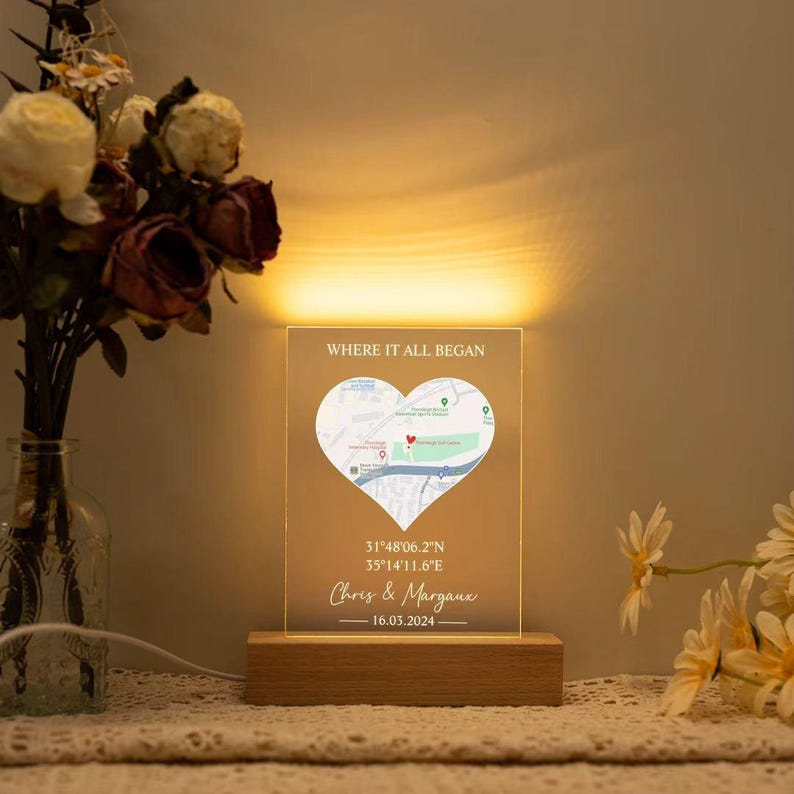Custom First Date Map Acrylic LED Light, Where It All Began, Personalized Valentine's Day Gift, Where We First Met Map, Couples Gift Light image 4