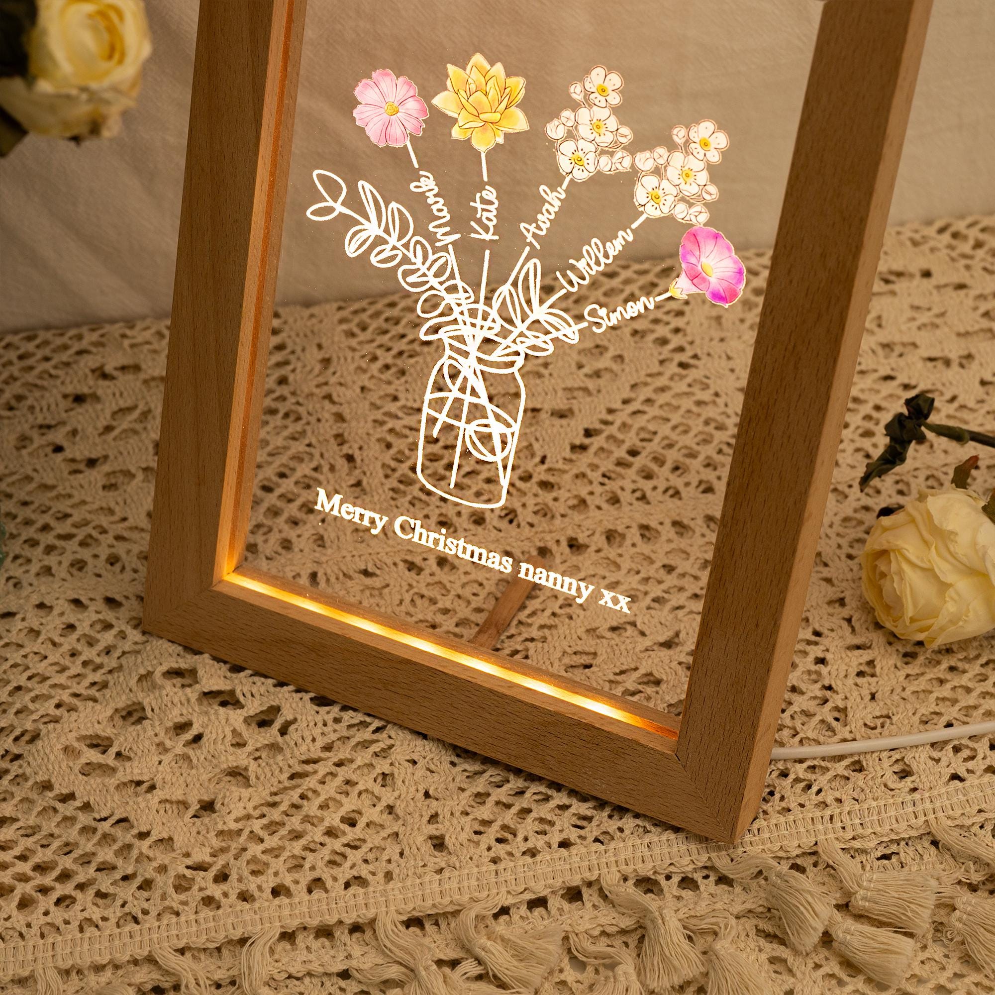 Personalized Birth Flowers Family Bouquet Mum, Bunch Night Light, Gift for Mom From Daughter, Home Art Decor Keepsake, Christmas Gift for Mom