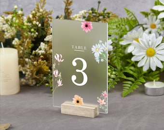 Signo de números de mesa de Whildflower, letrero de mesa de boda esmerilado, número de mesa de boda boho, letrero de recepción de mesa de boda, decoración de boda rústica