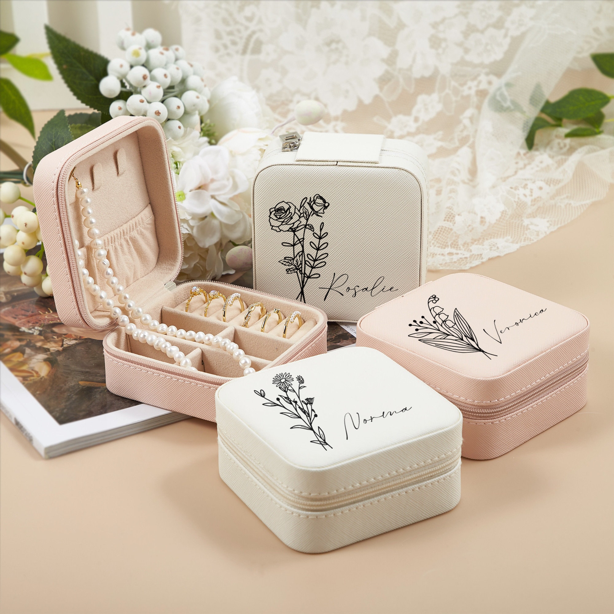 My Personal Memories Custom Personalized Mini Travel Jewelry Box Holder  Case - Engraved and Monogrammed (Pink)