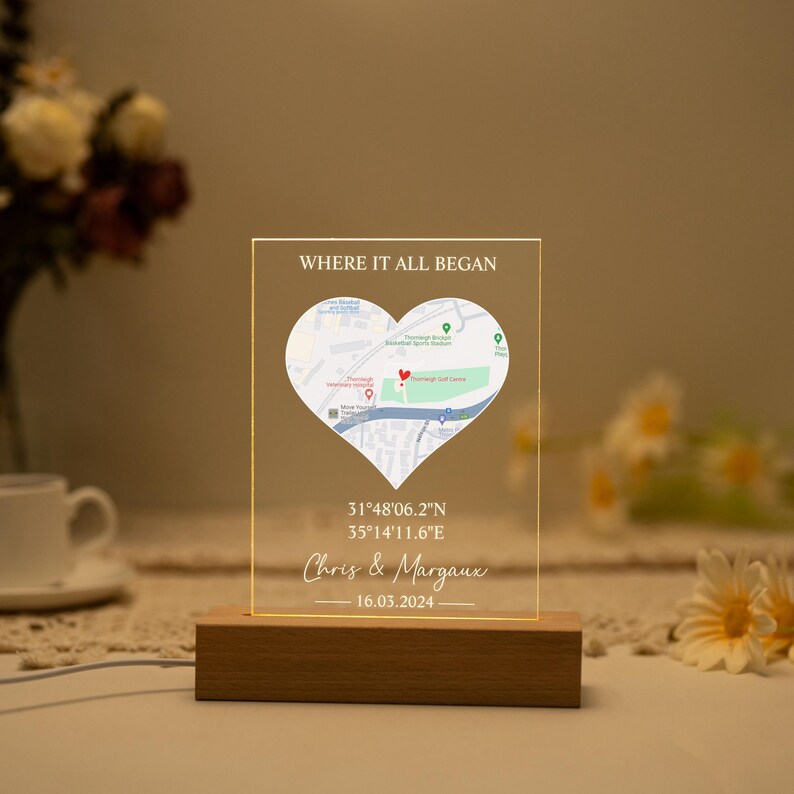 Custom First Date Map Acrylic LED Light, Where It All Began, Personalized Valentine's Day Gift, Where We First Met Map, Couples Gift Light image 11