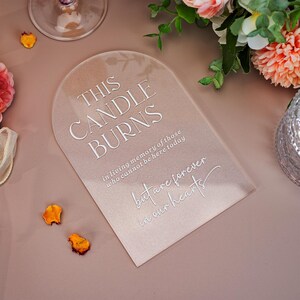 May include: An arched, semi-transparent acrylic memorial sign with white text that reads: THIS CANDLE BURNS in living memory of those who cannot be here today but are forever in our hearts. The sign has a smooth, matte finish and rounded top.