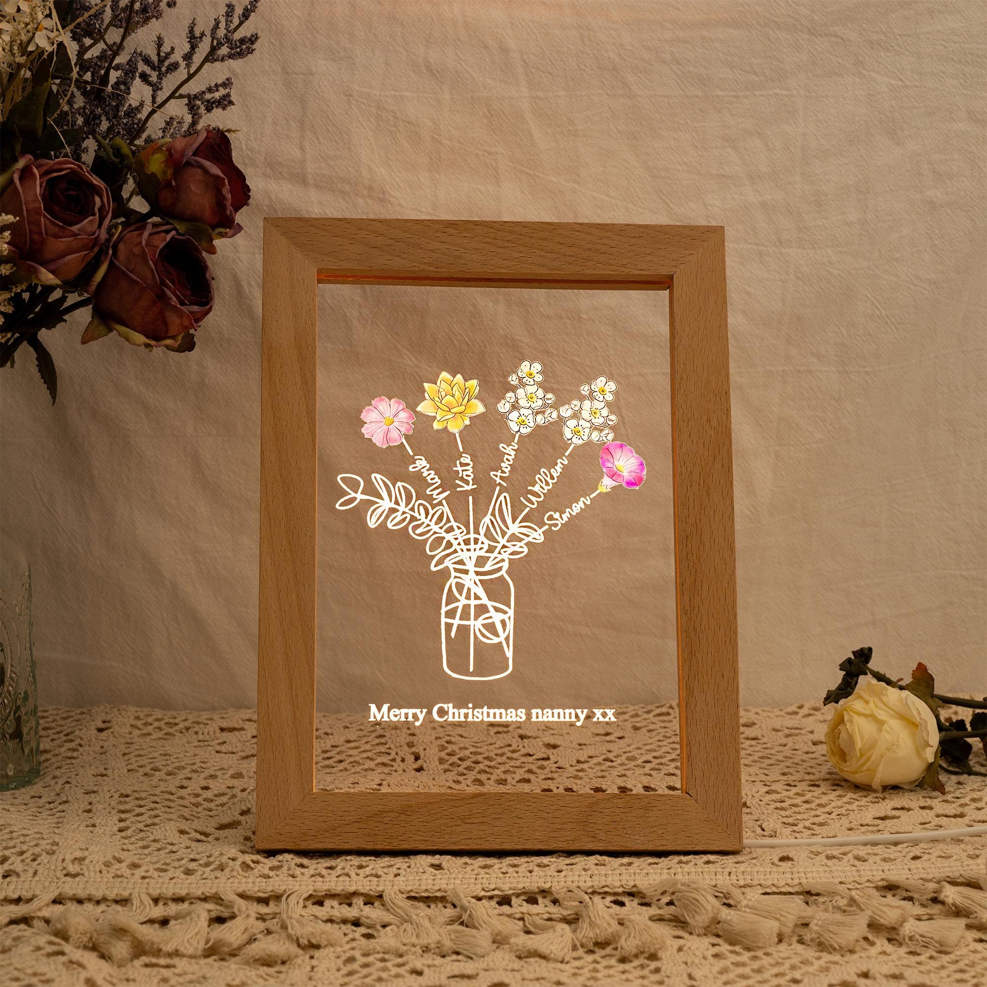 Personalized Birth Flowers Family Bouquet Mum, Bunch Night Light, Gift for Mom From Daughter, Home Art Decor Keepsake, Christmas Gift for Mom
