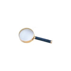 May include: A gold-toned magnifying glass with a blue handle. The magnifying glass has a round lens and a comfortable grip.