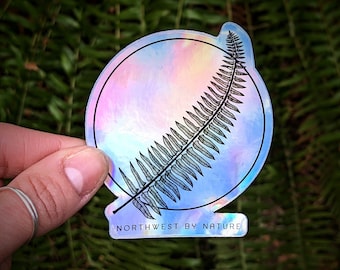 Holograficzna naklejka z paprocią w stylu western – ręcznie rysowana sztuka natury