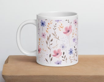 Charming Pink Flower Pattern Mug, White Glossy Ceramic, 11oz, 15oz, 20oz, Microwave & Dishwasher Safe, Customizable Floral Coffee Cup