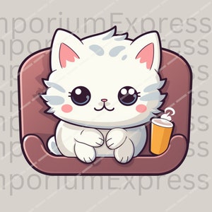 May include: A white cartoon cat with blue eyes sits in a brown armchair holding a yellow and white cup with a swirl of cream on top.
