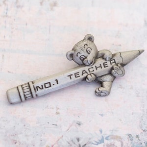 Vintage Number 1 Teacher Teddy Bear Pencil School Brooch by JJ - BB5