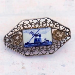 Vintage Geometric Scenery Painting Silver Tone Brooch - BB1
