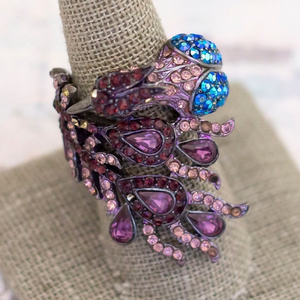 Vintage Intricate Majestic Bird With Purple Faux Gems Elegant Rhinestones Adjustable Ring Size 7 - BB13