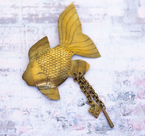 Vintage Gold Tone Intricate Fish Symbolic Chained… - image 1