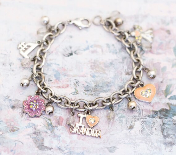 Cute Grandmother Pink Charm Bracelet Silver Tone Hat Heart Charms