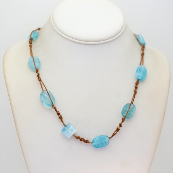 36 inch, Vintage Sky Blue Glass Beads Gold Tone Tangled Rope Chains Beaded Necklace - BB24