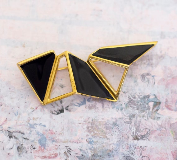 Vintage Black & Gold Tone Geometric Link Brooch -… - image 1